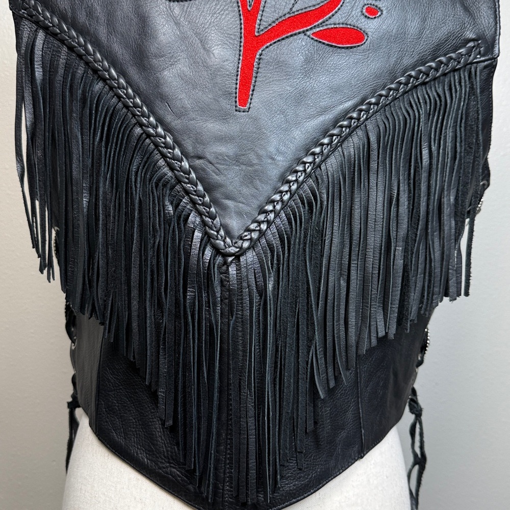 VTG S&S Cycle Black Leather Biker Vest Women L TX Rose Fringe Yoke Concho Moto - Picture 10 of 17